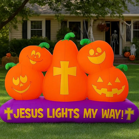 Chivao 5 ft Halloween Christian Inflatable Pumpkins Decoration for Outdoor Jesus Lights My Way Inflatable Pumpkins Trunk or Treat Blow up Yard Decor Halloween with LED for Garden Lawn Holiday Decor