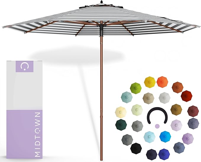 Midtown Umbrellas The Wooden 9 Feet Patio Umbrella With Terylast Zebra (Black/White Stripes) Polyester Fabric - Aluminum Frame Market Umbrella For Backyard, Deck, Garden, Pool - Wooden Pole