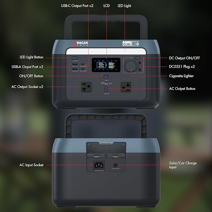 Wagan EL8838 Portable Power Station 600W Lithium Cube Solar Generator 512Wh LiFePO4 Battery Fast Charge 600W 1000W peak AC/100W USB-C for Home Backup, Power Outages, Outdoor Camping, Off-grid