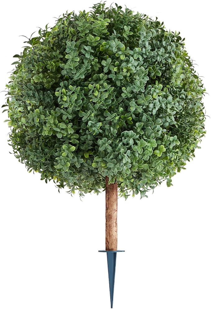 VEVOR Artificial Topiary Boxwood Trees with Ground Spike, 27 inch 2 Set Faux Shrubs & Bushes Potted Plants, Fake Silk Tree Look Real for Decor Front Porch Outdoor Indoor Patio Garden Balcony Backyard