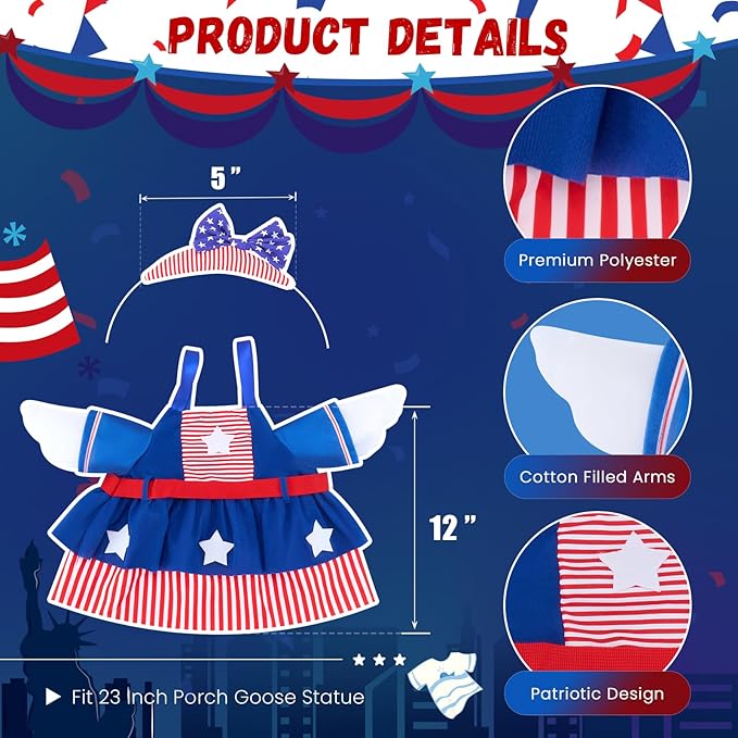 4th of July Porch Goose Outfits for 23 Inch Lawn Statue, Patriotic Costume for Plastic/Cement Statue, Seasonal Independence Day/Memorial Day Sculpture Clothes for Garden Patio Party Decoration