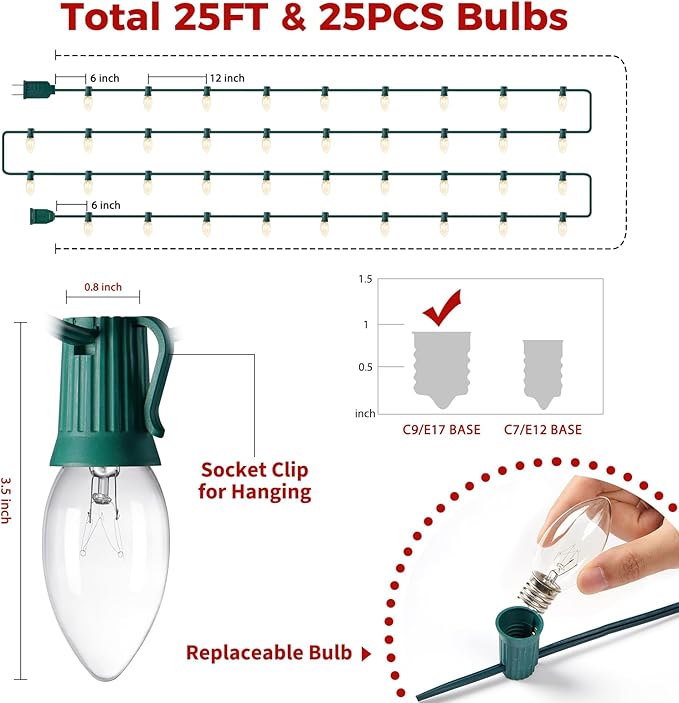 Minetom C9 Clear Christmas String Lights, 25FT 25 Bulbs Bright & Warm Outdoor Christmas Lights, Long Life C9 String Lights for Tree Patio Gazebo Wreath, Green Wire