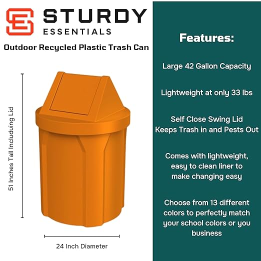 42 Gallon Round 100% Recycled Plastic Indoor or Outdoor Commercial Trash Can with Easy Access Swing Top Lid | Great for Schools and Businesses - Orange