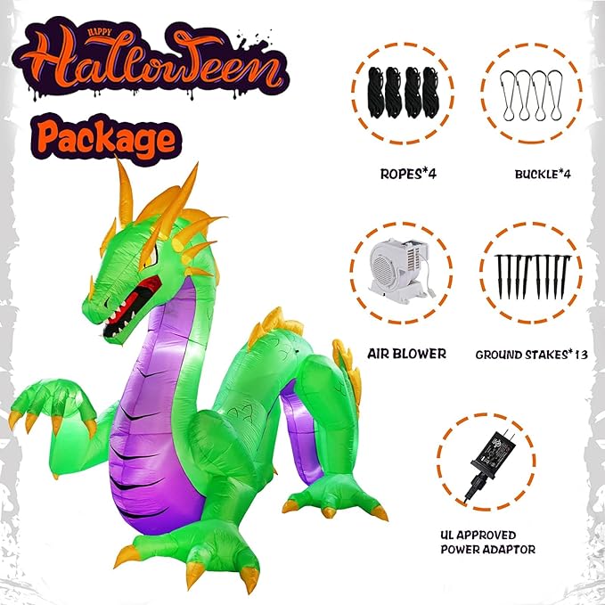 Giant 14FT Length 9FT Tall Green Dragon Halloween Inflatables, Halloween Dragon Blow Up Inflatable Outdoor Decoration Built-in 9 LEDs and Independent High-Power Blower for Yard Lawn Decor