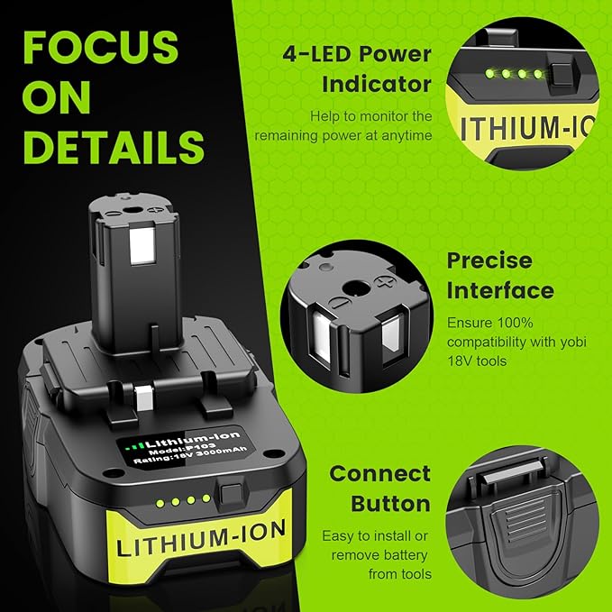 ARyee 3000mAh P108 Compatible with Ryobi Lithium Battery 18 Volt ONE+ P102 P103 P104 P105 P107 P108 P109 P190 P191 P122 with LED