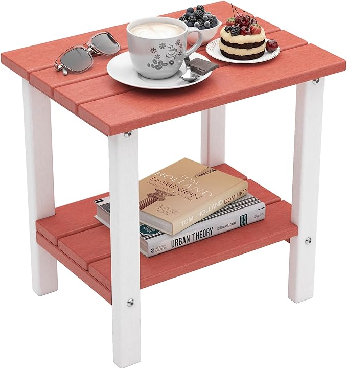 OTSUN Outdoor Side Table, End Table for Adirondack Chair, 18" Patio Table for Porch, Yard, Weather Resistant (Red & White)