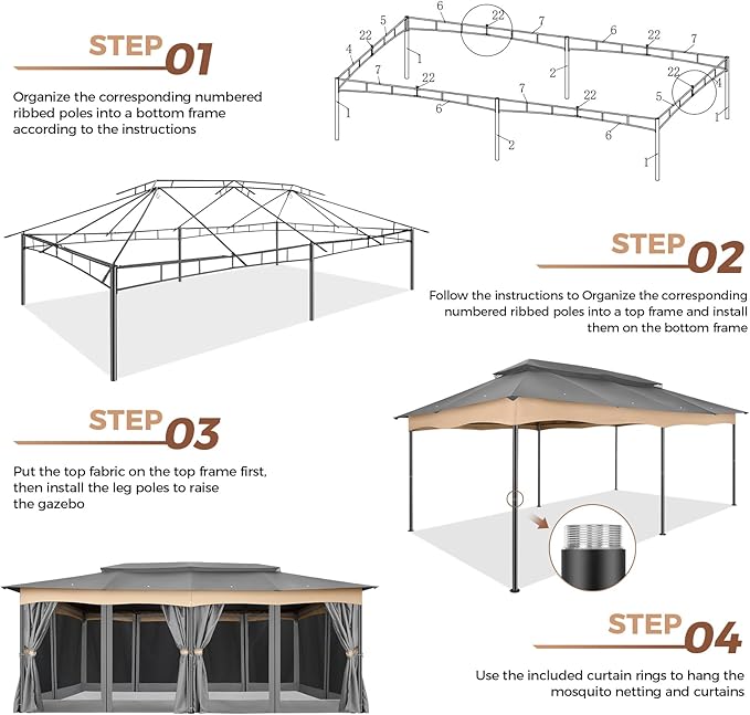 COBIZI Gazebo 12x20 Heavy Duty Gazebos with Curtain and Netting Outdoor Gazebo Canopy Double Roof Patio Gazebos with Metal Steel Frame for Patio, Garden, Backyard (Gray)