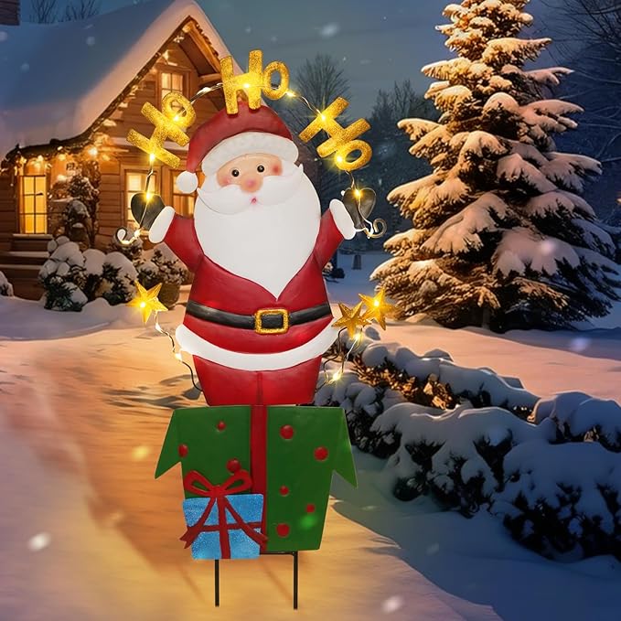 Solar Christmas Lights Outdoor Garden Stakes, 30in Metal Santa Claus Yard Signs with LED String Lights, Waterproof Christmas Decor for Xmas Lawn Pathway Patio Party Winter (Santa Claus)