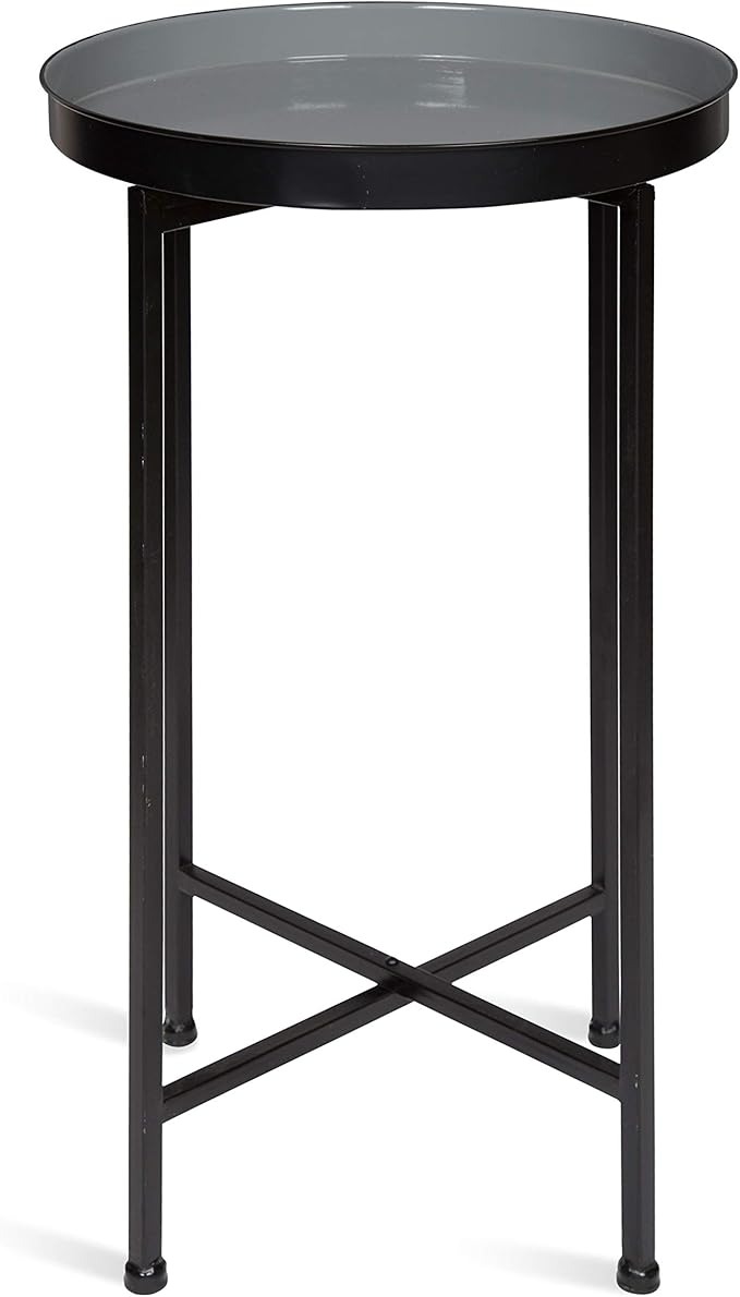 Kate and Laurel Celia Round Foldable Tray Accent Table, 14" x 14" x 25.75", Gray and Black, Modern Minimalist Design and Magnetic Tabletop