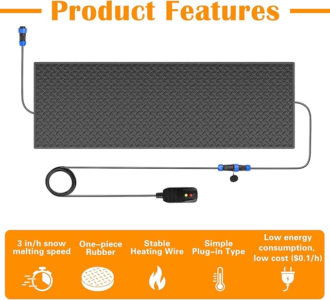 Snow Melting Mats Outdoor for Stairs,10 x 30 in 2 Pack No-Slip Heated Outdoor Mats with 10 ft Power Cord, 3 in/h Speed Snow and Ice Melting Pads for Winter Outdoor Stairs, Steps Snow Removal