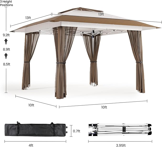 Bealife 13x13 Pop Up Gazebo Tent with Mosquito Netting, Outoor Canopy Tent with 4 Sandbags, 8 Stakes, 4 Ropes, Roller Bag, Pop Up Canopy for Lawn Backyard Garden Deck (Beige, 13x13)