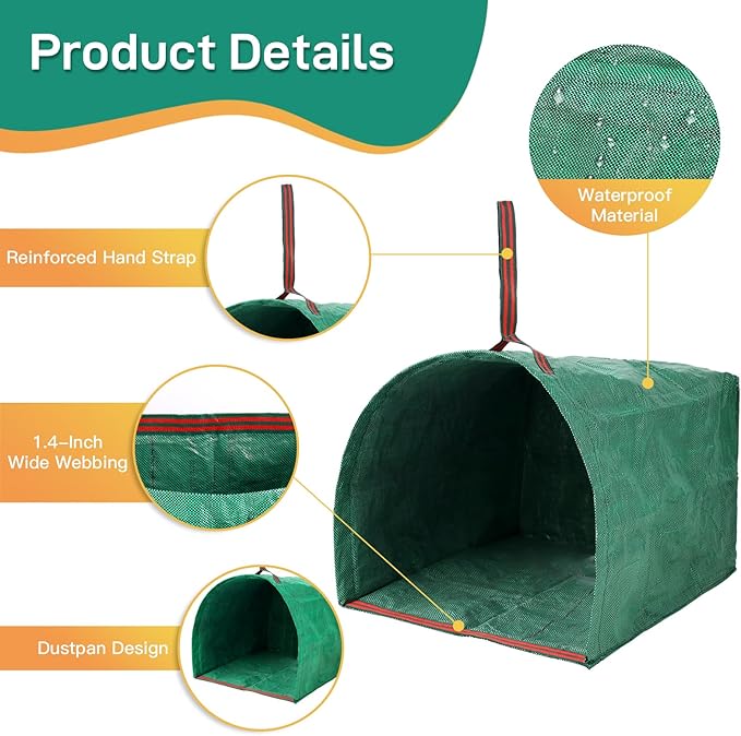 2 Pack 53 Gallon Reusable Yard Waste Bags, Dustpan-Type Lawn Bags, Collapsible Heavy Duty Leaf Bags, Standable Garden Waste Bags for Collecting Leaves, Lawn Grass, Clippings and Branches