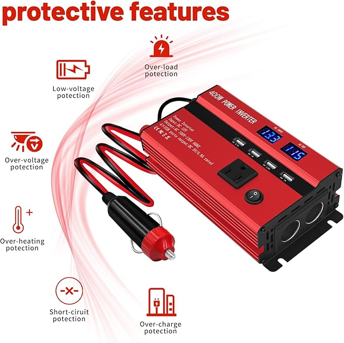 400W Power Inverters for Vehicles, Car Power Inverters DC 12V to 110V AC Car Plug Adapter Outlet with 2 Type-C (Equip with 2 USB), Fast Charger for Phone, Laptop