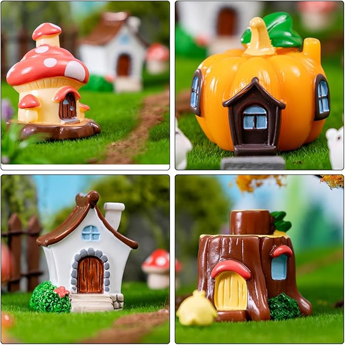4 PCS Mini House Figurines, Miniature Village Hut Figurine, Fairy Garden Cottage Micro Landscape Ornaments Accessories for Bonsai, Succulent Planting, Flower Pots (4pcs)