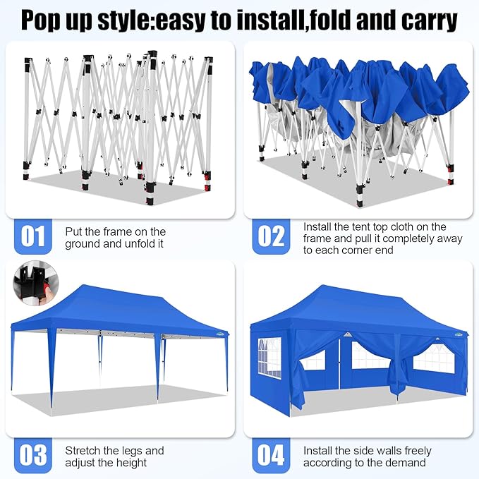 COBIZI 10x20 Pop Up Canopy with 6 Sidewall, Commercial Canopy UPF 50+ Waterproof Outdoor Gazebo with Carry Bag, Tents for Parties with Upgrade Frame, 3 Height Adjustable, Blue