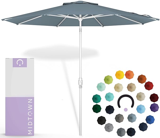 Midtown Umbrellas The Swilt 8 Feet Patio Umbrella in Sunbrella Canvas Haze Acrylic Fabric - Fiberglass Ribs, Auto-Tilt Aluminum Frame For Backyard, Deck, Garden, Pool - White Pole