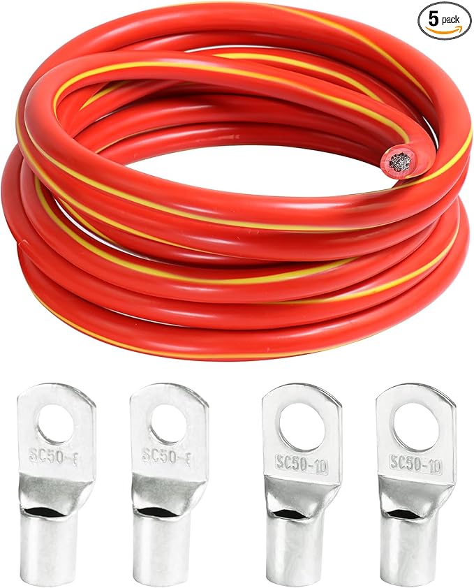 2 Gauge Battery Welding Cable (Red, 2 Feet) - 2 AWG Copper Clad Aluminum Power Wire with M8 & M10 Copper Cable Lug Ends for Auto, Camper, RV, Truck, Solar Low Voltage Wiring