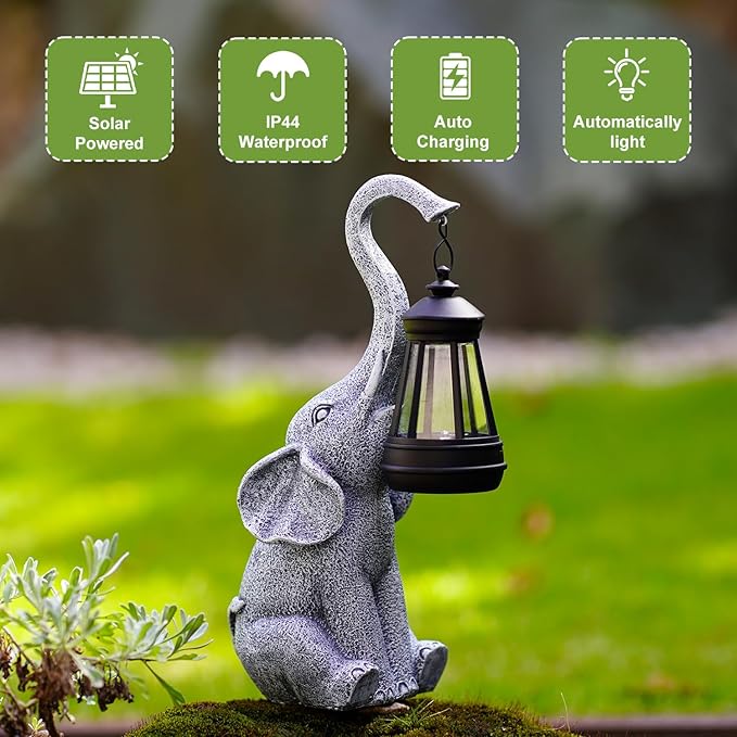 Garden Statues Elephant with Solar Lantern Outdoor Figurines Decorations for Patio Yard Lawn Ornaments Gifts for Birthday Mom Housewarming(Gray)