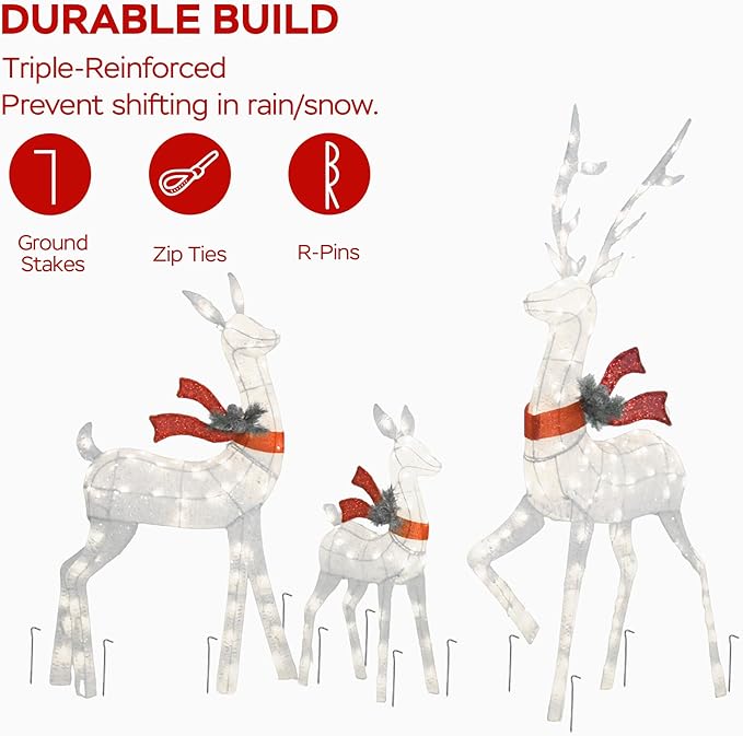 Outdoor Lighted Deer Family Decor 3-Piece Set, 5ft Large Reindeer Christmas Holiday Lights with 210 Warm White LEDs, 3D Design, Cotton Twine & Iron, Perfect for Lawn, Yard, Garden, Party