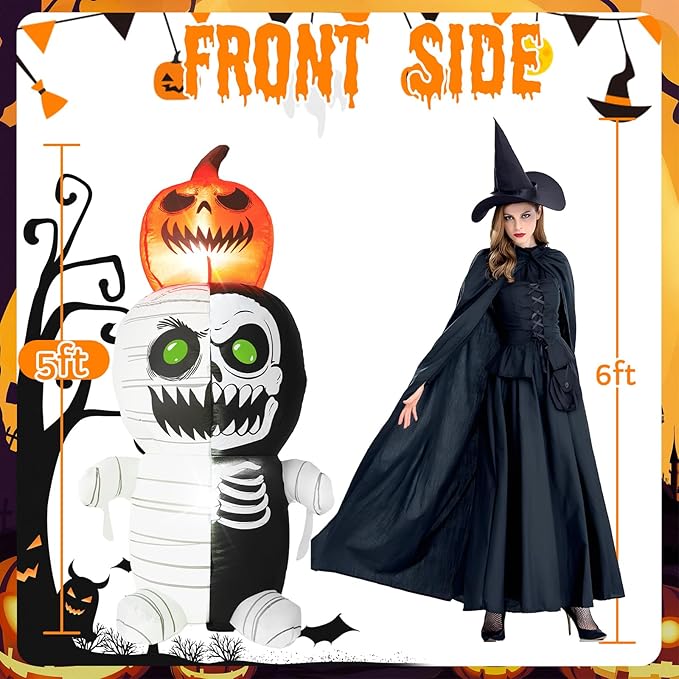 5FT Zombie with Pumpkin On Head, Halloween Outdoor Inflatable Decoration, with LED Lights, Suitable for Outdoor Lawns, Gardens, Terraces and Halloween Parties