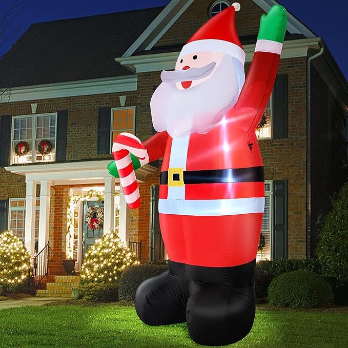 TURNMEON 12 Foot Super Giant Christmas Inflatable Santa Claus Christmas Decorations Outdoor, Blow Up Santa Holds Candy Cane with Built-in LED Lights Tethers Stakes for Yard Lawn Garden Xmas Decor Home