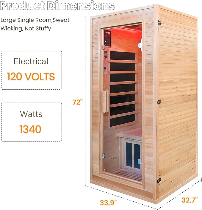 Far Infrared Sauna Home 1 Person, Sauna Spa Room Canadian Hemlock Wood 1340W 120V Low EMF with 7-Color Light Therapy, Control Panel, Bluetooth Speakers, Dual Tempered Glass Door