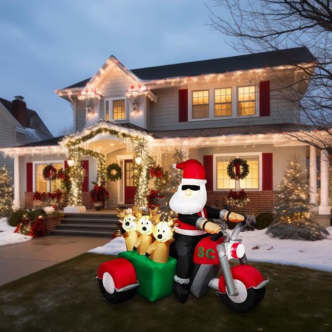 Fraser Hill Farm 6-Ft. Tall Santa on Motorcycle with Reindeer Sidecar Blow Up Inflatable with Lights, Outdoor Christmas Inflatable Decoration for Lawn and Yard, Giant Festive Holiday Decor