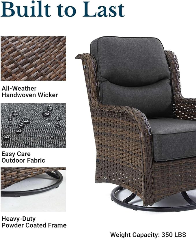 HILLGA Luxury Patio Furniture Set with 6-Inch Thick Cushions, High Back Outdoor Swivel Rocker Chairs and Ottoman, 5-Piece All Weather Conversation Set for Porch Deck Balcony Yard, Dark Grey (V3)