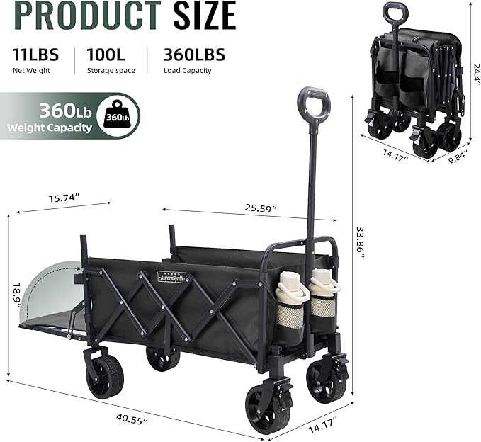 40'' Extra Long Collapsible Wagons Carts Foldable, 360LBS Foldable Wagon Cart with Wheels, Heavy Duty Portable Utility Wagon for Grocery, Shopping, Sports Garden & Camping - Black
