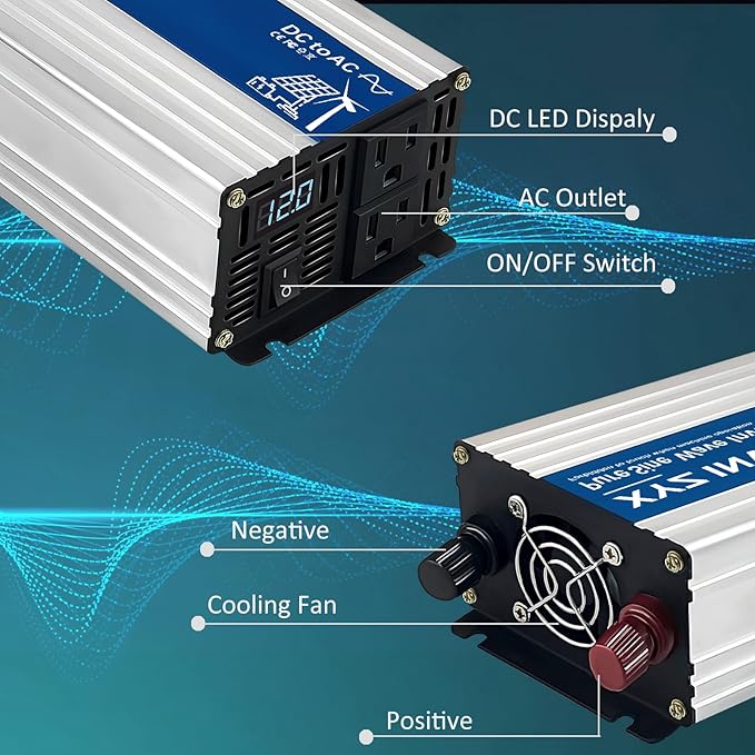1000W Pure Sine Wave Power Inverter DC 12V to AC 110V/120V, 2000W Peak, Car/Truck Power Converter for Solar, Home, Vehicle & Rechargeable Devices with LED Display