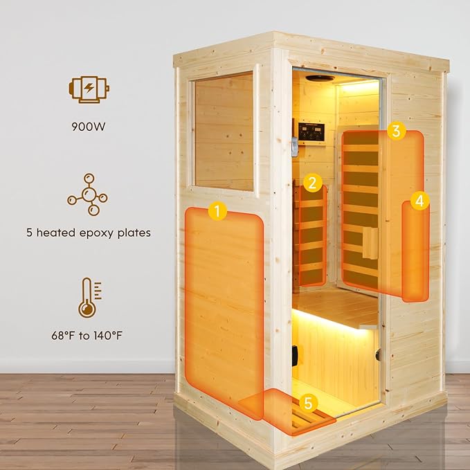 Sauna Infrared Far Infrared Sauna for Home 1 Person Sauna with Spruce Wood Dry Sauna for Home Sauna Room Low EMF Indoor Sauna for One Person in Home Sauna 900W with Speakers