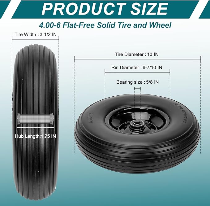 4.00-6 Flat-Free Solid Tire and Wheel 13" Wheelbarrow Tire by Cenipar With 3/4" & 5/8" Grease Bushing and 1.75" Centered Hub 4.00-6 tire and wheel for Garden Cart Trolley Hand Truck, 2 PC
