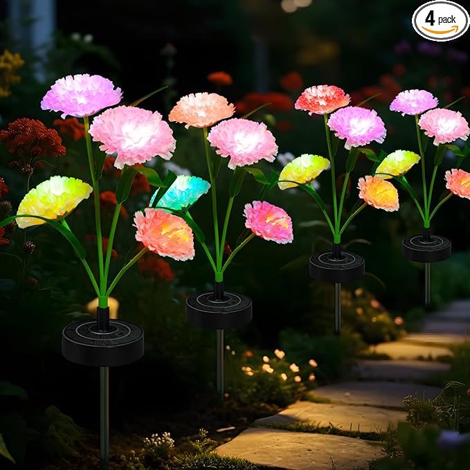Solar Flowers Lights - Upgraded Outdoor Carnation Flowers Lights, 7-Color Changing & Waterproof Outdoor Solar Lights for Garden, Patio, Backyard,Party and Office (Carnation, 4)