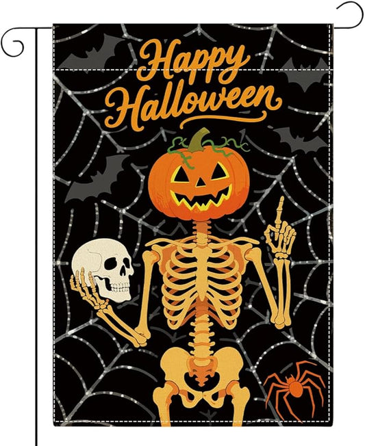 Happy Halloween Garden Flag Skeleton Pumpkins Fall Halloween Themed Holiday Party Outside Outdoor Lawn Decorations Yard Flag Double Sided 12x18 Inch