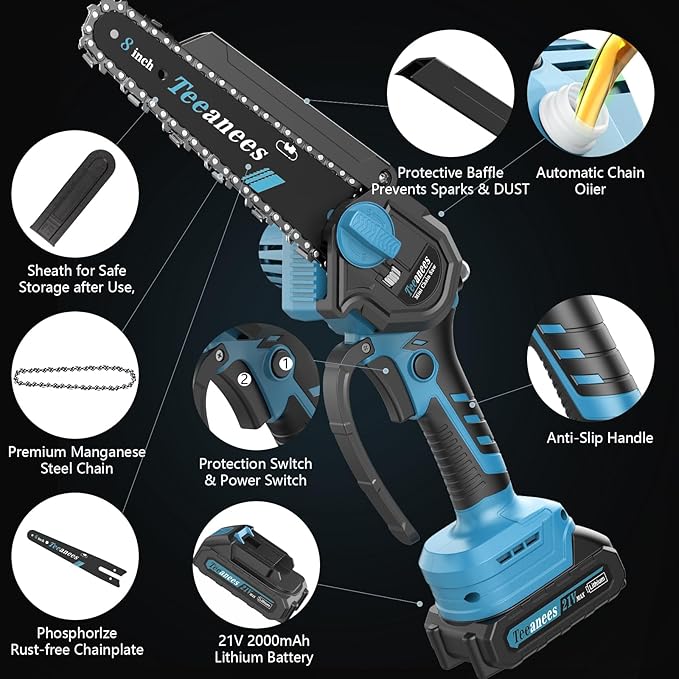 Mini Chainsaw Cordless, 8 Inch & 6 Inch Portable Electric Chain Saw with 2 Battery 8 Chains, Auto Oiler, Battery Powered Small Handheld Saw for Wood Cutting, Tree Trimming, Garden(Blue)