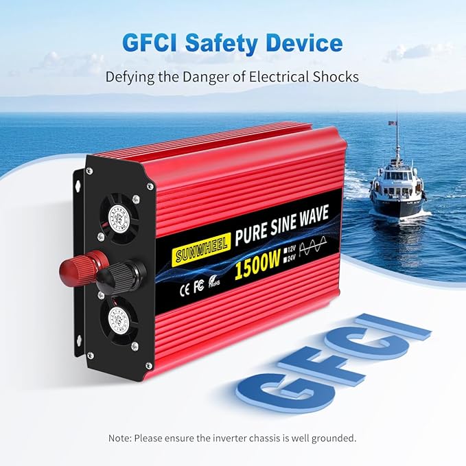 SUNWHEEL 1500W Pure Sine Wave Inverter, 12V DC to 110V/120V AC Power Inverter for RV、Microwave、Off Grid、Truck、Refrigerator with 2 AC outlets and LCD Display
