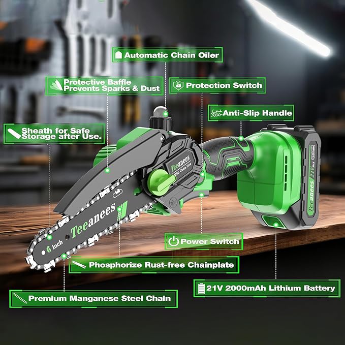 Mini Chainsaw Cordless 6 Inch, Electric Chainsaw Battery Powered with Auto Oiler, Security Lock for Wood Cutting, Tree Trimming, Garden & Household Use(1 Batterie)