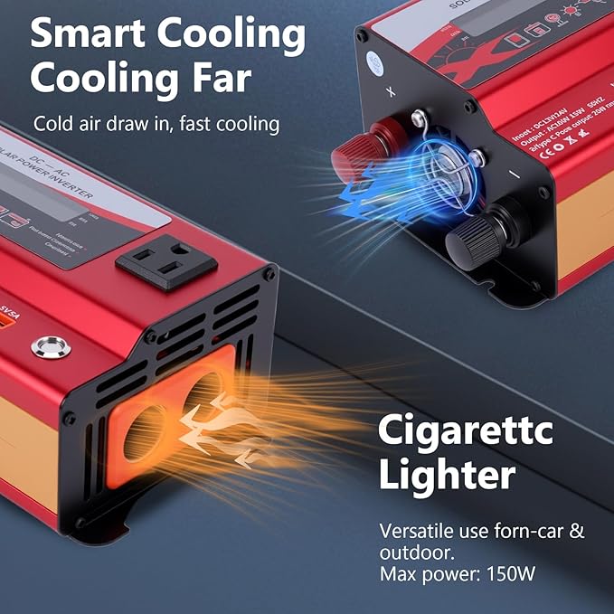600W Car Power Inverter, 12V/24V Car Plug Adapter Outlet Converter with Dual Type C, Dual USB Dual, Dual Cigar Lighter, Single AC Outlet for Cars Trucks US Plug (Red)
