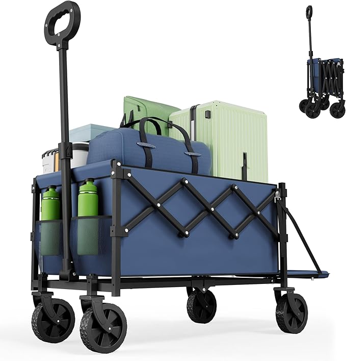 Collapsible Wagon with Tailgate, Ultra-Compact & Portable Folding Wagon with 350lbs Capacity, Lightweight Portable Utility Wagon Cart for Shopping Camping Sports Garden (Navy)