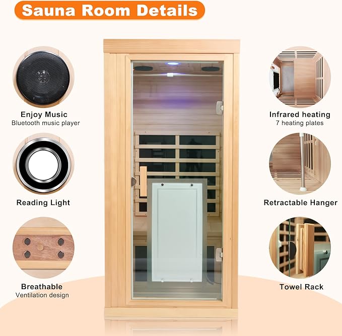 Far Infrared Sauna 1 Person, Infrared Sauna for Home, Low EMF 1350W/120V Infrared Indoor Saunas with Smart Display & Bluetooth Speaker, Extendable Clothes Rail, 32.28"x32.28"x66.92"