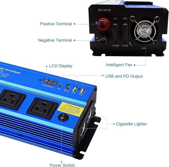 Power Inverter 12v to 110v 1000w: 1000 Watt Dc to Ac Converter Battery Inverters for Car Charger Adapter with Outlet Plug - Inverter with Cigarette Lighter for Car Truck Vehicles Rv Boat Home Auto