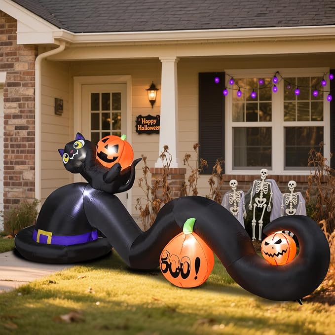 9FT Halloween Inflatable Witch Hat with Black Cat & Pumpkins, Large Blow Up Yard Decoration with 5 Built-in Lights, Cute Halloween Outdoor Inflatables for Party Garden Patio Lawn Decor