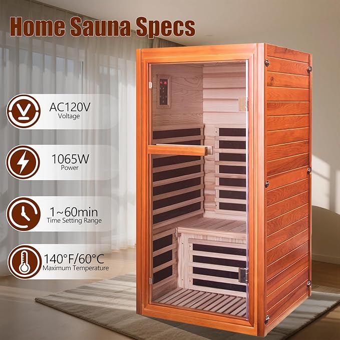 Far Infrared Home Sauna for 1 Person, 1065W 110V Indoor Spa Room, Wooden Dry Sauna with Red Light Therapy, Bluetooth Speaker, 31.5"x31.5"x63"