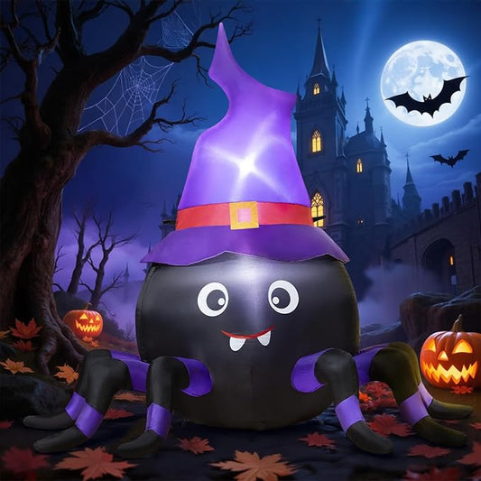 5FT Halloween Inflatable Spider with Witch Hat Outdoor Decoration, Blow Up Yard Inflatable Decorations with Built-in LED Lights for Garden/Lawn/Holiday/Home Party Decor