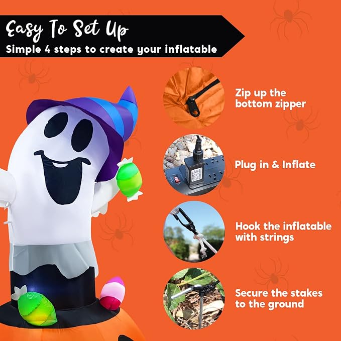 Joiedomi 5 FT Tall Halloween Inflatable Ghost Outdoor Decor, Blow Up Ghost Gripping Candy on Pumpkin with LED Lights, Halloween Yard Decoration for Garden