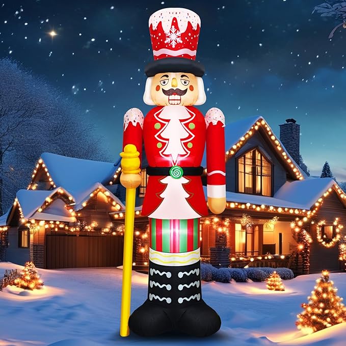 Christmas Inflatables 8FT Nutcracker Figurine Red & White Soldier with Candy Cane Stripes, Staff & Crown Hat Festive Holiday Blow Up Decoration for for Lawn, Garden or Xmas Display