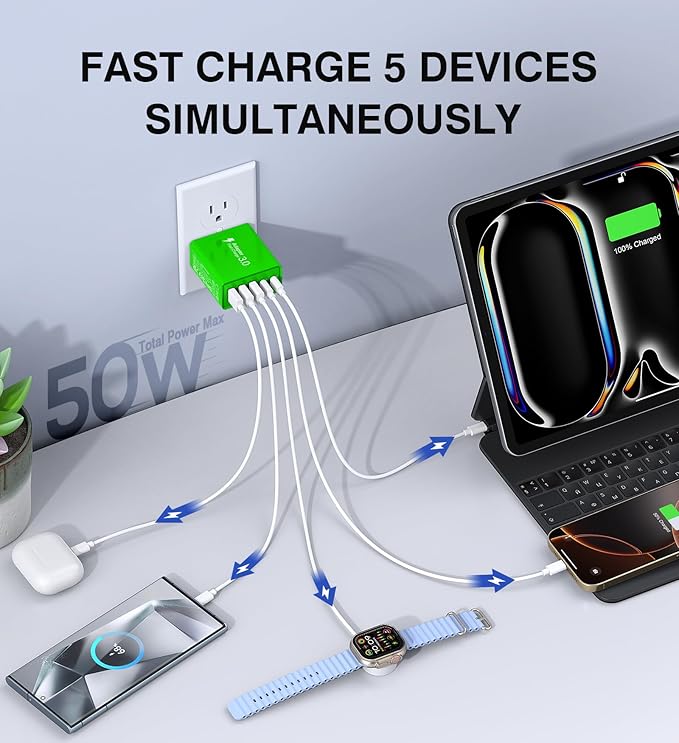 USB C Wall Charger, 50W USB C Charger Block 5-Port PD Fast Charging Blocks,USB A Multiport Plug Brick Cube,Dual Type C Power Adapter for iPhone 16/15/14/13/Pro,iPad,Samsung,for Switch（Green 2-Pack）