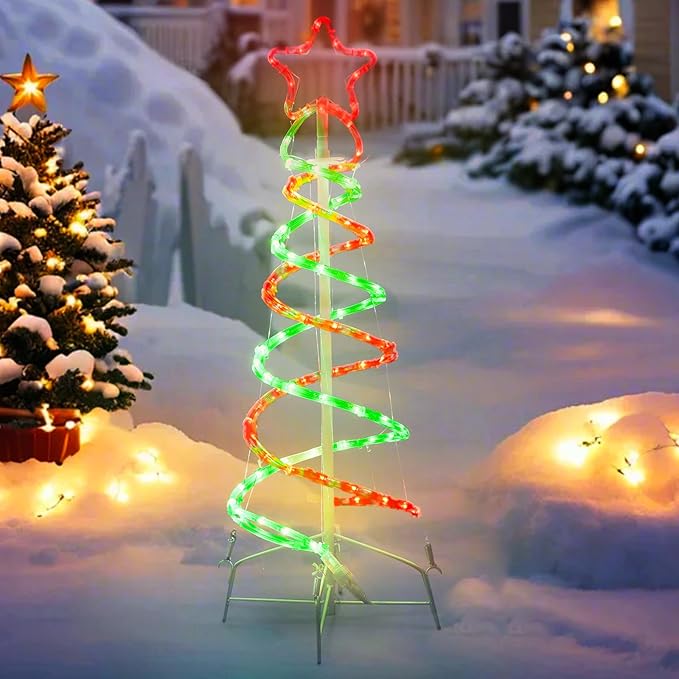 Double Spiral Christmas Tree Light Outdoor, Outdoor Light Up Christmas Tree with 8 Mode Controller, 120V Plug&Play ETL Waterproof for Xmas New Year Yard Garden, Red&Green, 3FT