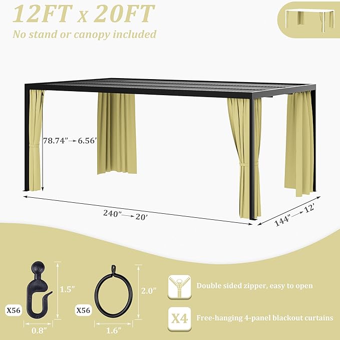 Gazebo Universal Replacement Privacy Curtain,12'×20' Gazebo Outdoor Waterproof Curtains, 4-Panels Sidewall Curtains with Double Zipper for Patio Canopy, Garden and Backyard (Curtain Only)