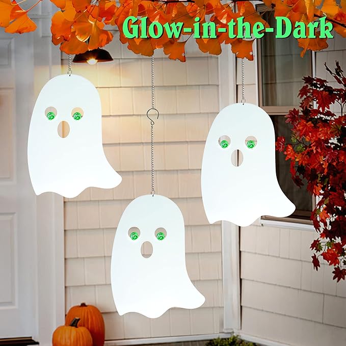 WAIU Outdoor Metal Hanging Ghosts, Halloween Decoration, Glow-in-The-Dark Ghosts, Silhouette Pendant Outdoors, Halloween Decorative Animals, Set of 3